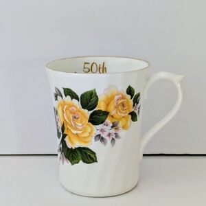 Vintage Royal Stuart 50th Anniversary Coffee Mug Yellow Roses Bone China England